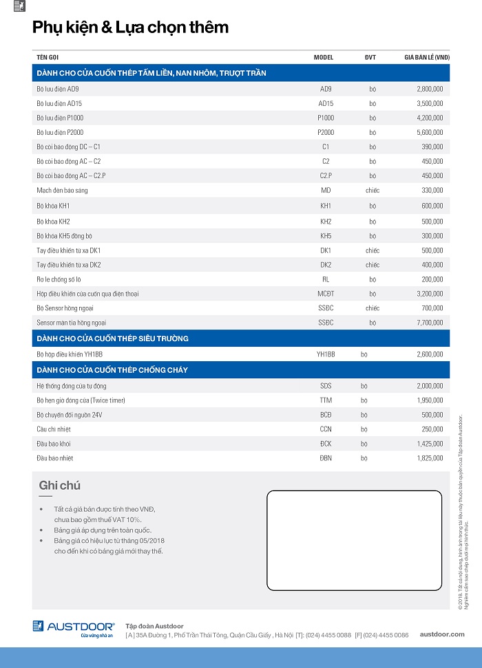 bảng báo giá cửa austdoor hà nội